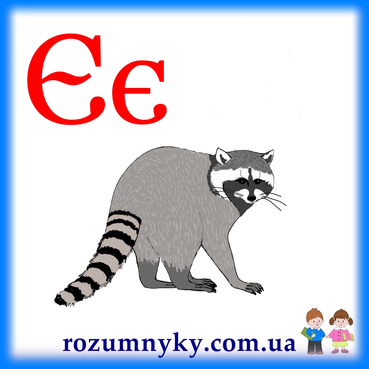 Є, єнот, абетка, картка з малюнком